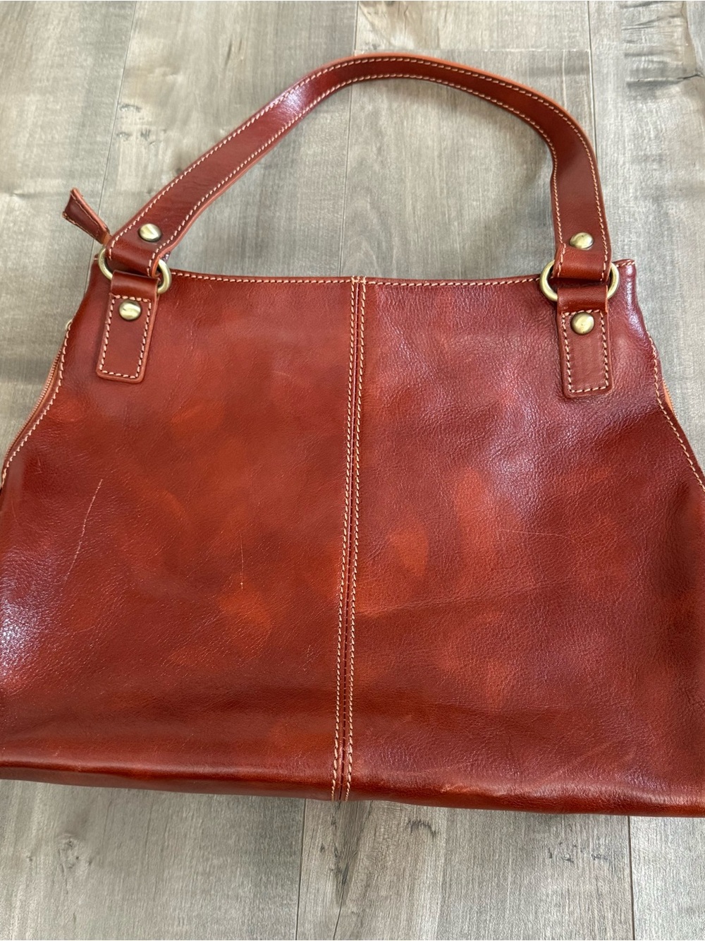 Florence Leather Handbag Purse Made in Italy Glossy Orange Brown Shoulder Bag - Picture 10 of 16